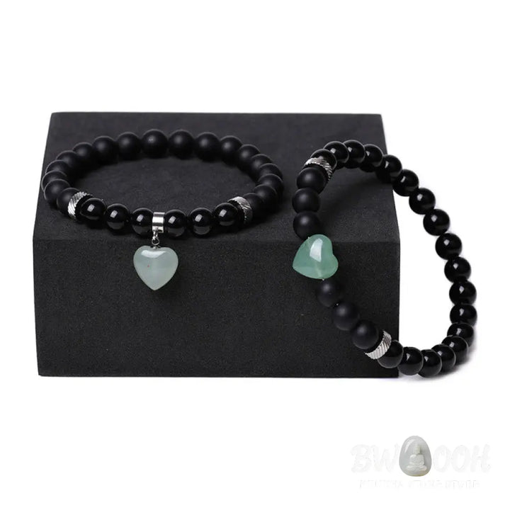 Buddha Stones 2Pcs Black Onyx Crystal Stone Love Heart Protection Support Couple Bracelet - BWOOOH - Bracelet