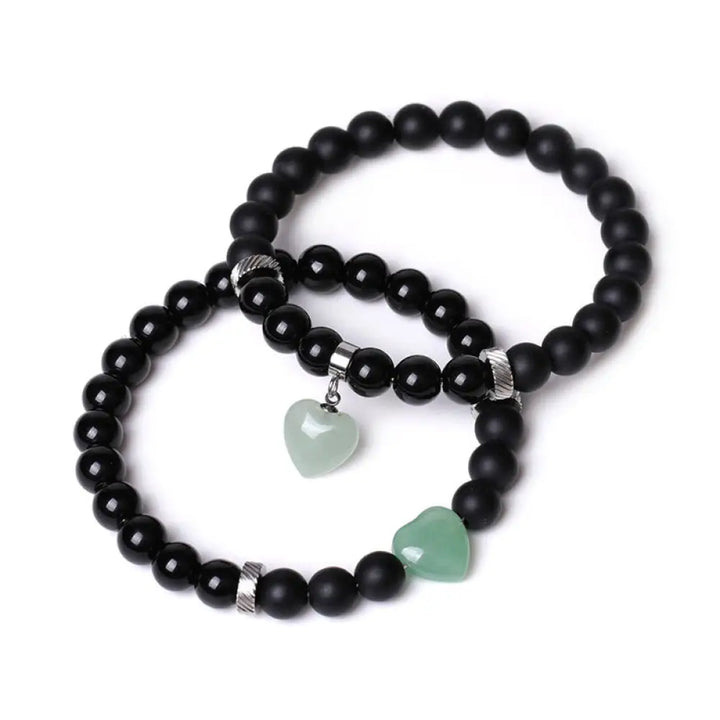 Buddha Stones 2Pcs Black Onyx Crystal Stone Love Heart Protection Support Couple Bracelet - BWOOOH - Black Onyx&amp;Green