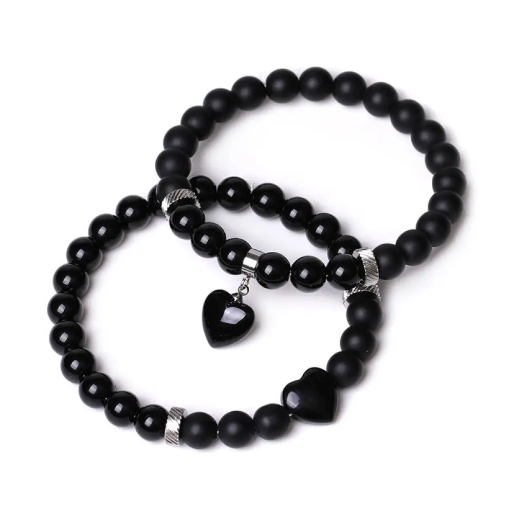 Buddha Stones 2Pcs Black Onyx Crystal Stone Love Heart Protection Support Couple Bracelet - BWOOOH - Black Onyx&amp;Black