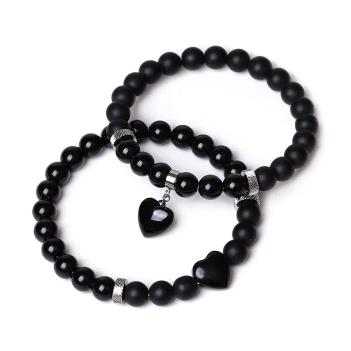 Buddha Stones 2Pcs Black Onyx Crystal Stone Love Heart Protection Support Couple Bracelet - BWOOOH - Black Onyx&amp;Black