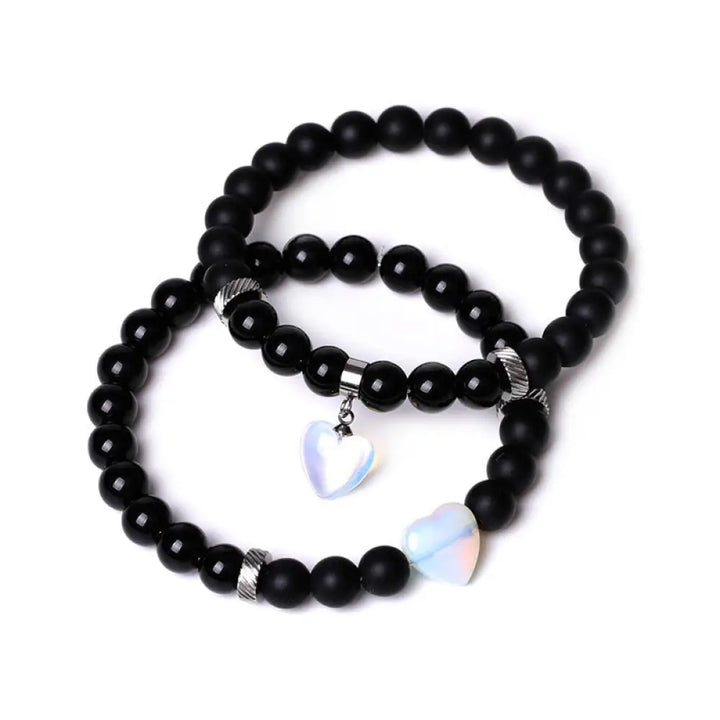 Buddha Stones 2Pcs Black Onyx Crystal Stone Love Heart Protection Support Couple Bracelet - BWOOOH - Black Onyx&amp;Opal