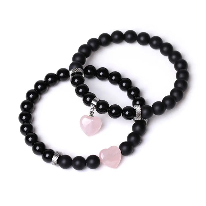 Buddha Stones 2Pcs Black Onyx Crystal Stone Love Heart Protection Support Couple Bracelet - BWOOOH - Black Onyx&amp;Pink