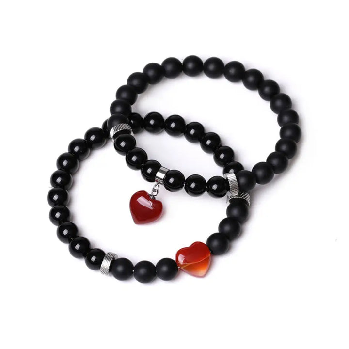 Buddha Stones 2Pcs Black Onyx Crystal Stone Love Heart Protection Support Couple Bracelet - BWOOOH - Black Onyx&amp;Red