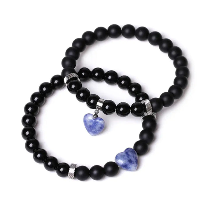 Buddha Stones 2Pcs Black Onyx Crystal Stone Love Heart Protection Support Couple Bracelet - BWOOOH - Black