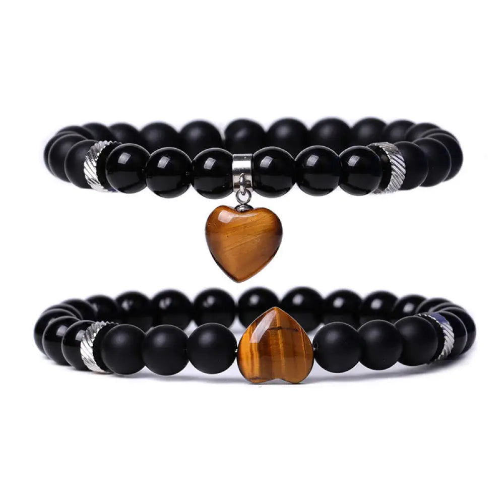 BWOOOH 2Pcs Black Onyx Crystal Stone Love Heart Protection Support Couple Bracelet - BWOOOH - Black Onyx&Tiger