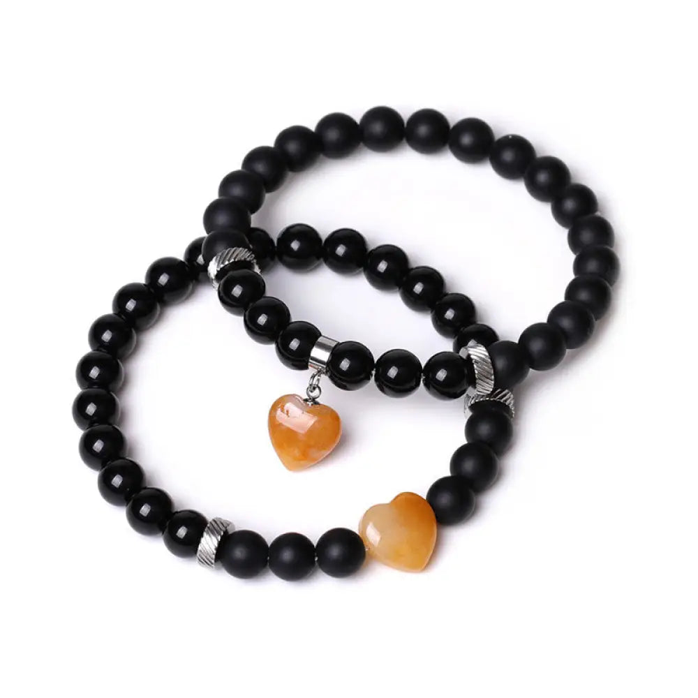 Buddha Stones 2Pcs Black Onyx Crystal Stone Love Heart Protection Support Couple Bracelet - BWOOOH - Black Onyx&amp;Topaz