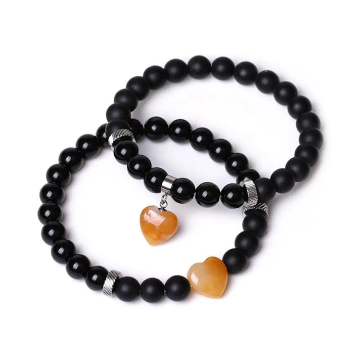 Buddha Stones 2Pcs Black Onyx Crystal Stone Love Heart Protection Support Couple Bracelet - BWOOOH - Black Onyx&amp;Topaz
