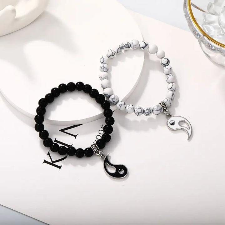 Buddha Stones 2Pcs Black Onyx White Turquoise Bead Yin Yang Protection Couple Bracelet - BWOOOH - Black&amp;White Black