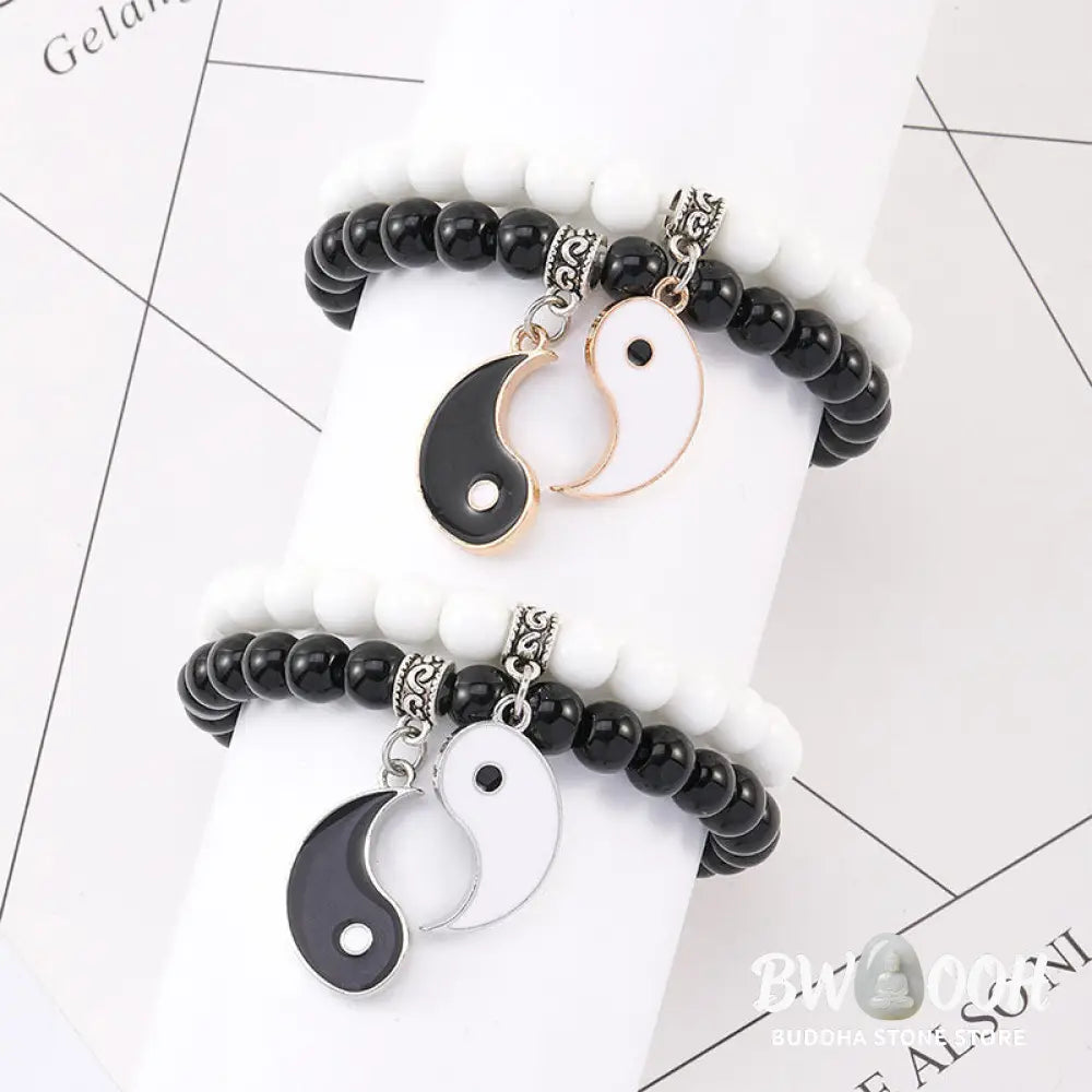 Buddha Stones 2Pcs Black Onyx White Turquoise Bead Yin Yang Protection Couple Bracelet - BWOOOH - Bracelet