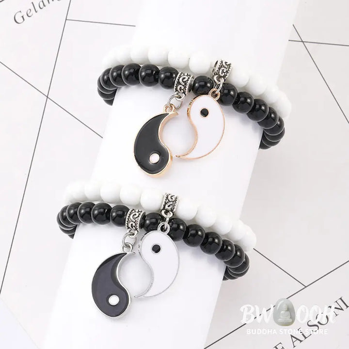 Buddha Stones 2Pcs Black Onyx White Turquoise Bead Yin Yang Protection Couple Bracelet - BWOOOH - Bracelet