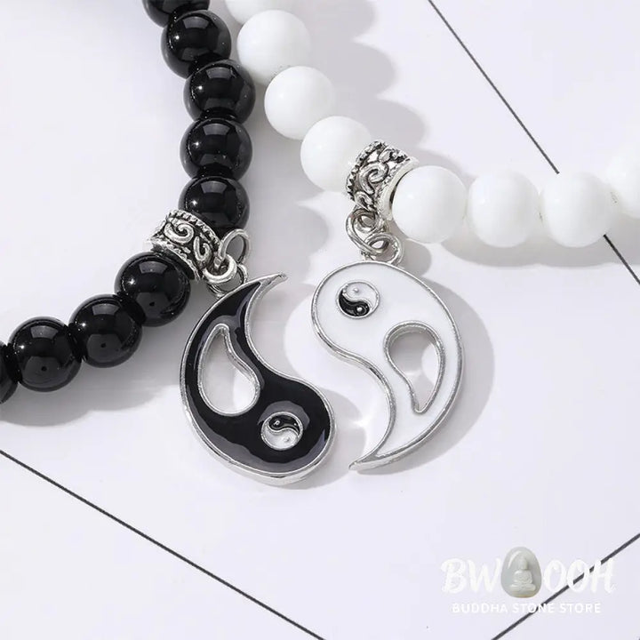 Buddha Stones 2Pcs Black Onyx White Turquoise Bead Yin Yang Protection Couple Bracelet - BWOOOH - Bracelet