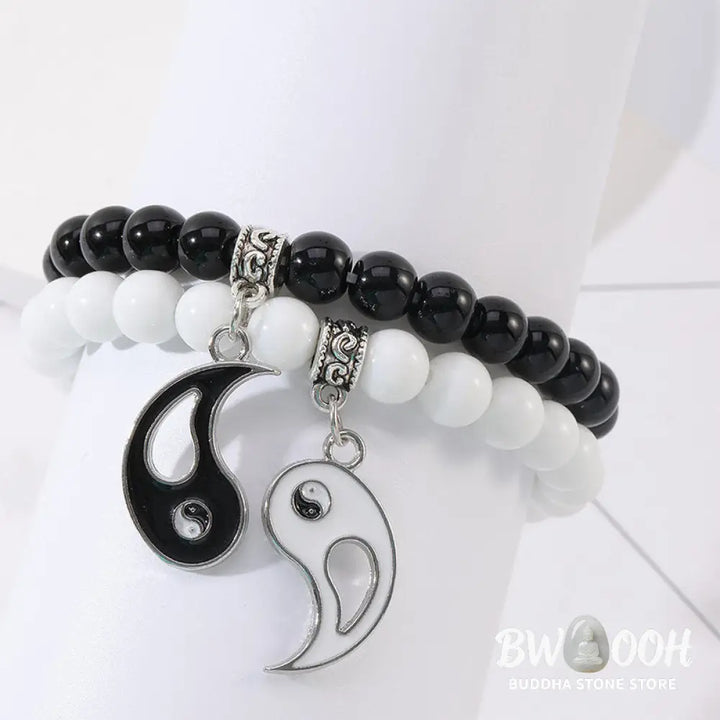 Buddha Stones 2Pcs Black Onyx White Turquoise Bead Yin Yang Protection Couple Bracelet - BWOOOH - Bracelet