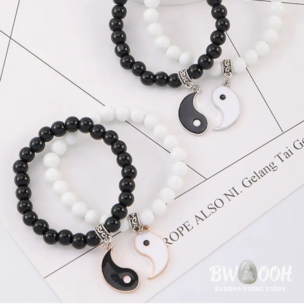 Buddha Stones 2Pcs Black Onyx White Turquoise Bead Yin Yang Protection Couple Bracelet - BWOOOH - Bracelet