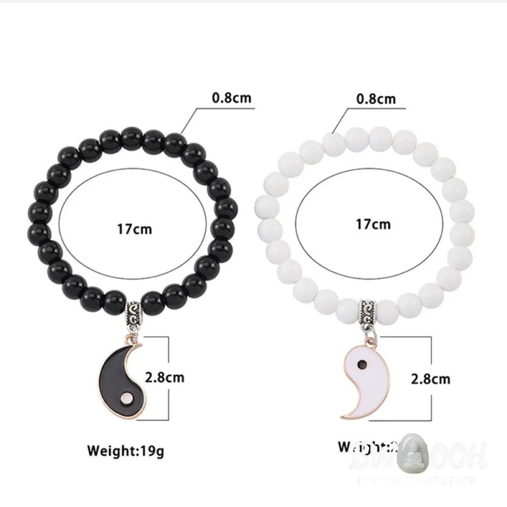 Buddha Stones 2Pcs Black Onyx White Turquoise Bead Yin Yang Protection Couple Bracelet - BWOOOH - Bracelet