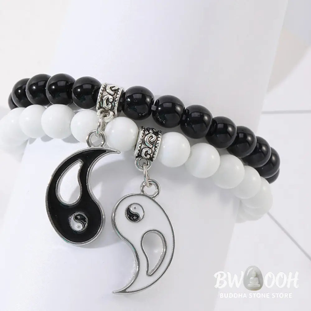 Buddha Stones 2Pcs Black Onyx White Turquoise Bead Yin Yang Protection Couple Bracelet - BWOOOH - Bracelet