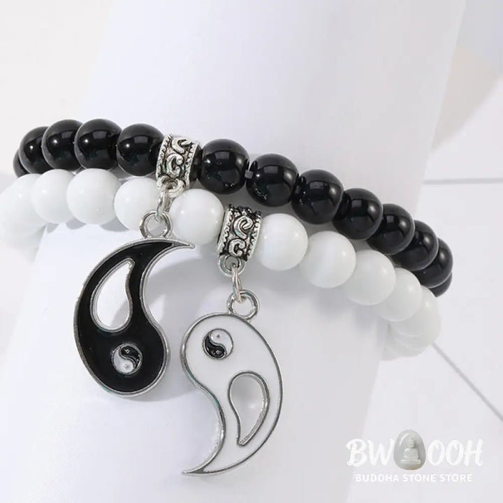 Buddha Stones 2Pcs Black Onyx White Turquoise Bead Yin Yang Protection Couple Bracelet - BWOOOH - Bracelet