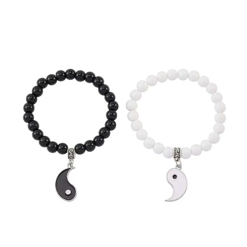 Buddha Stones 2Pcs Black Onyx White Turquoise Bead Yin Yang Protection Couple Bracelet - BWOOOH - Black&amp;White Yin Yang