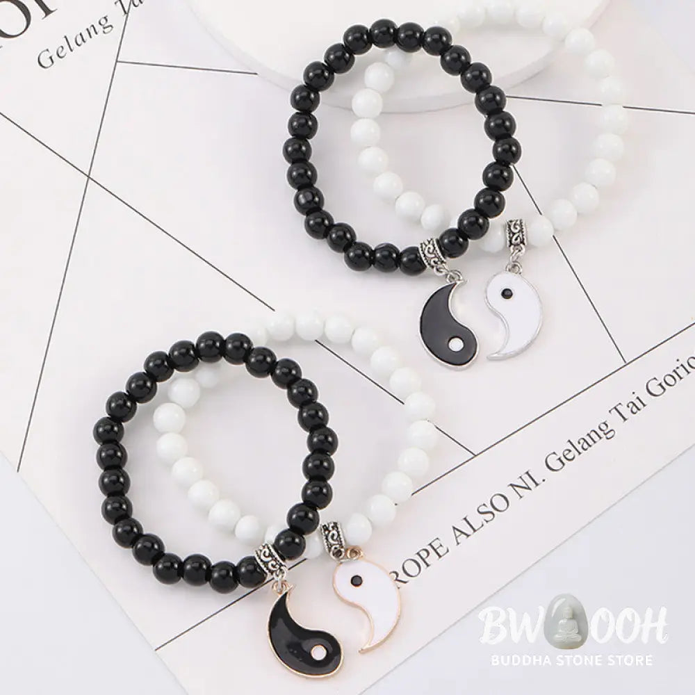 Buddha Stones 2Pcs Black Onyx White Turquoise Bead Yin Yang Protection Couple Bracelet - BWOOOH - Bracelet