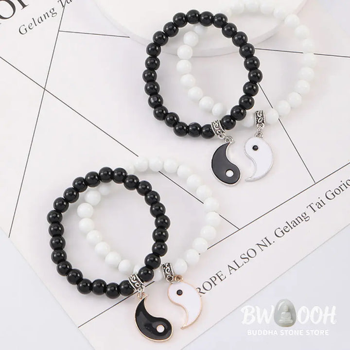 Buddha Stones 2Pcs Black Onyx White Turquoise Bead Yin Yang Protection Couple Bracelet - BWOOOH - Bracelet