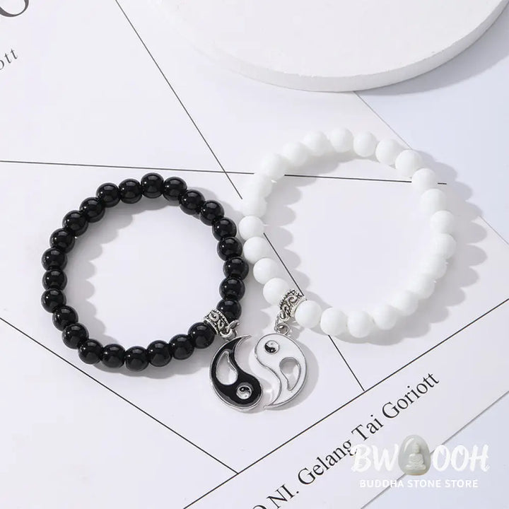 Buddha Stones 2Pcs Black Onyx White Turquoise Bead Yin Yang Protection Couple Bracelet - BWOOOH - Bracelet