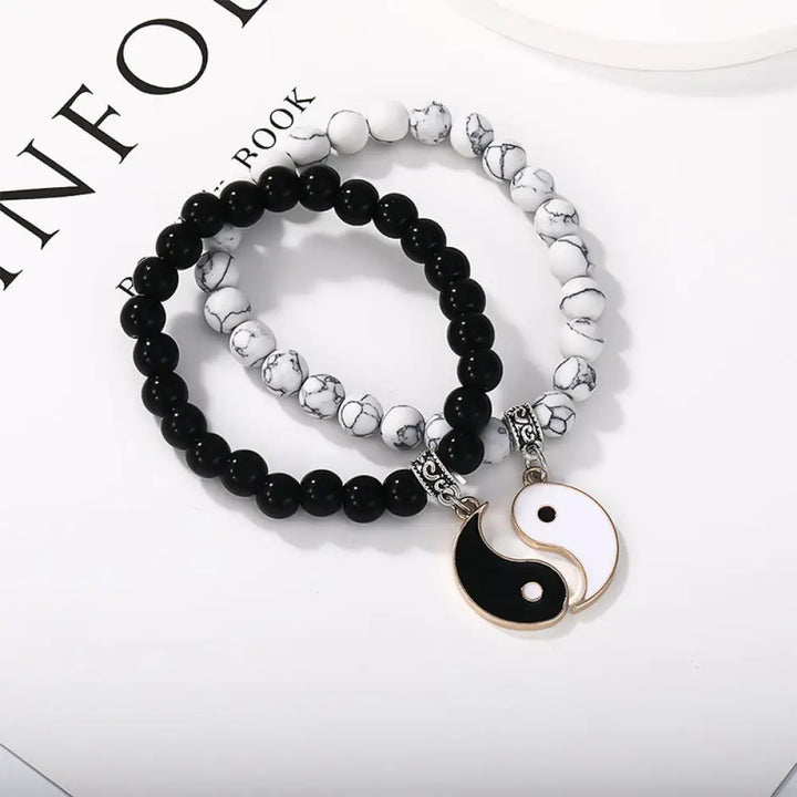 Buddha Stones 2Pcs Black Onyx White Turquoise Bead Yin Yang Protection Couple Bracelet - BWOOOH - Gold Black Onyx&amp;