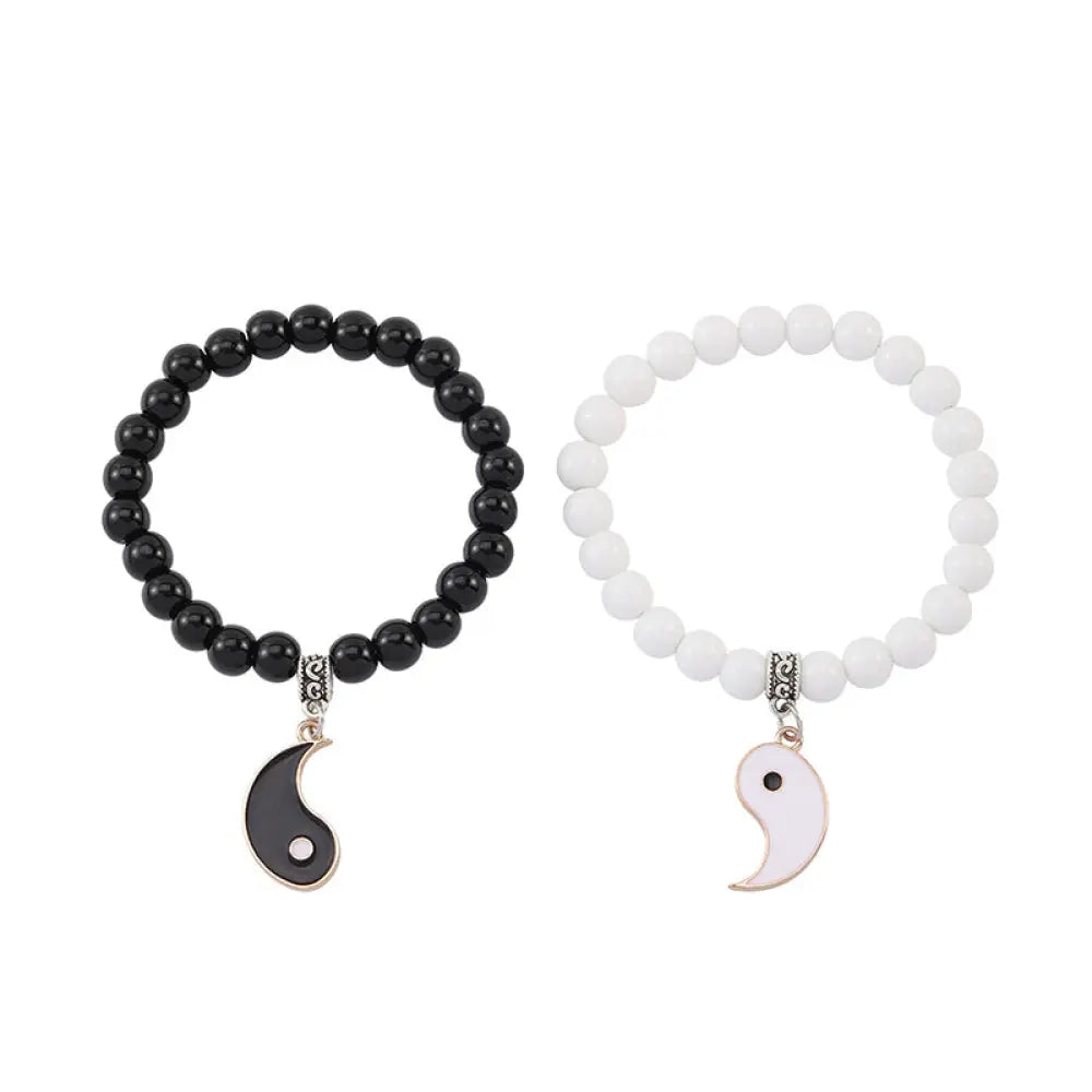 Buddha Stones 2Pcs Black Onyx White Turquoise Bead Yin Yang Protection Couple Bracelet - BWOOOH - Gold Yin Yang