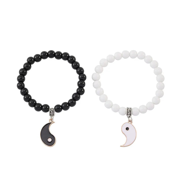 Buddha Stones 2Pcs Black Onyx White Turquoise Bead Yin Yang Protection Couple Bracelet - BWOOOH - Gold Yin Yang