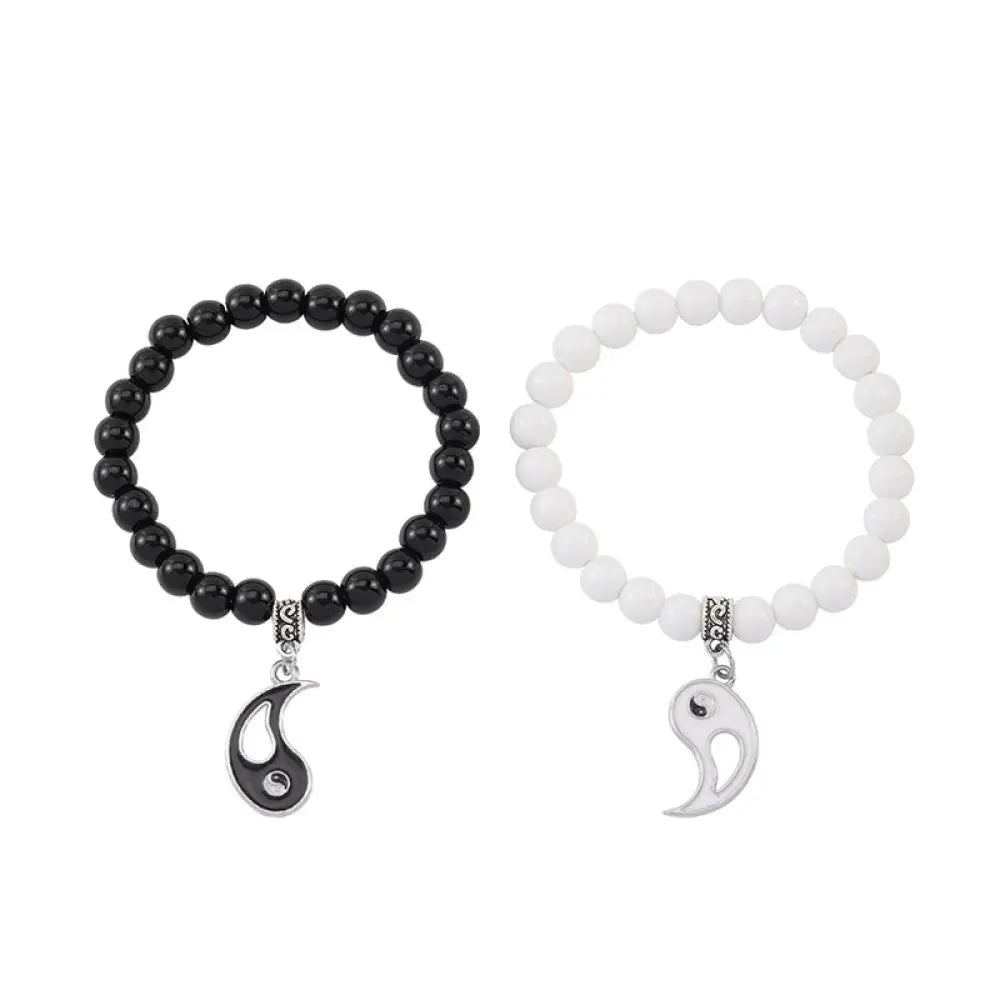 Buddha Stones 2Pcs Black Onyx White Turquoise Bead Yin Yang Protection Couple Bracelet - BWOOOH - Love Pattern Yin Yang