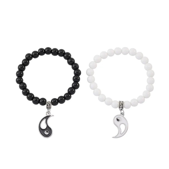 Buddha Stones 2Pcs Black Onyx White Turquoise Bead Yin Yang Protection Couple Bracelet - BWOOOH - Love Pattern Yin Yang