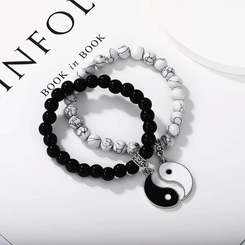 Buddha Stones 2Pcs Black Onyx White Turquoise Bead Yin Yang Protection Couple Bracelet - BWOOOH - Silver Black Onyx&amp;
