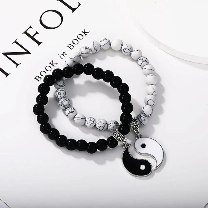 Buddha Stones 2Pcs Black Onyx White Turquoise Bead Yin Yang Protection Couple Bracelet - BWOOOH - Silver Black Onyx&amp;