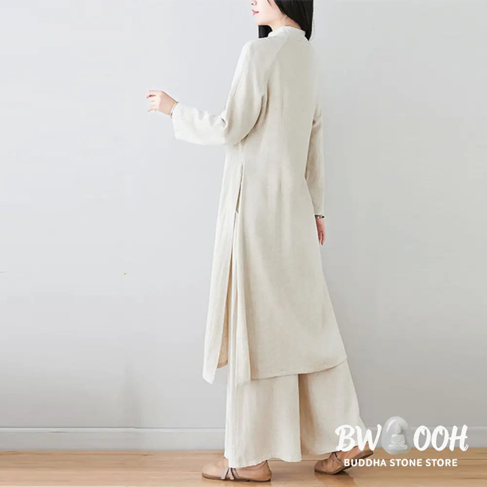 Buddha Stones 2Pcs Chinese Frog Button Design Zen Tai Chi Meditation Clothing Cotton Linen Top Pants Women’s Set