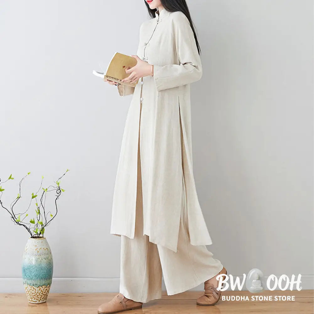 Buddha Stones 2Pcs Chinese Frog Button Design Zen Tai Chi Meditation Clothing Cotton Linen Top Pants Women’s Set