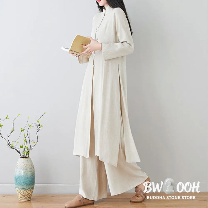 Buddha Stones 2Pcs Chinese Frog Button Design Zen Tai Chi Meditation Clothing Cotton Linen Top Pants Women’s Set