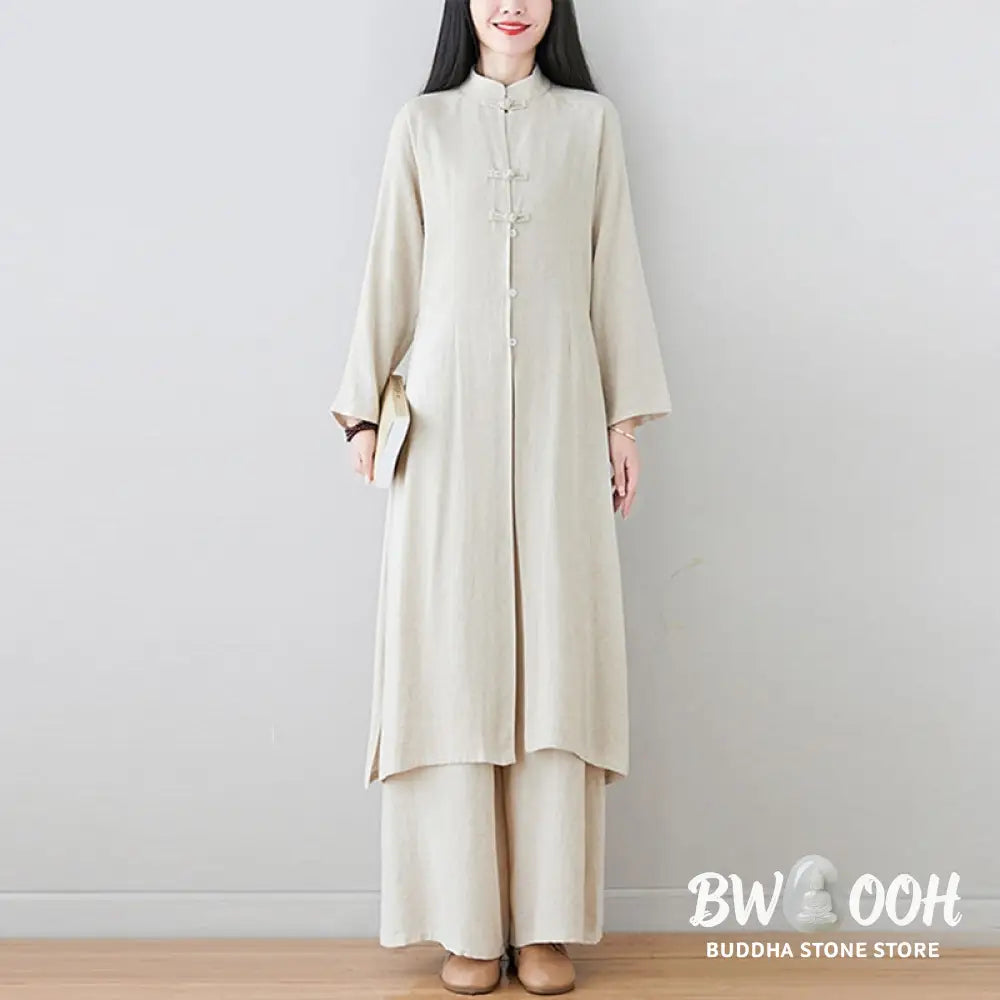Buddha Stones 2Pcs Chinese Frog Button Design Zen Tai Chi Meditation Clothing Cotton Linen Top Pants Women’s Set