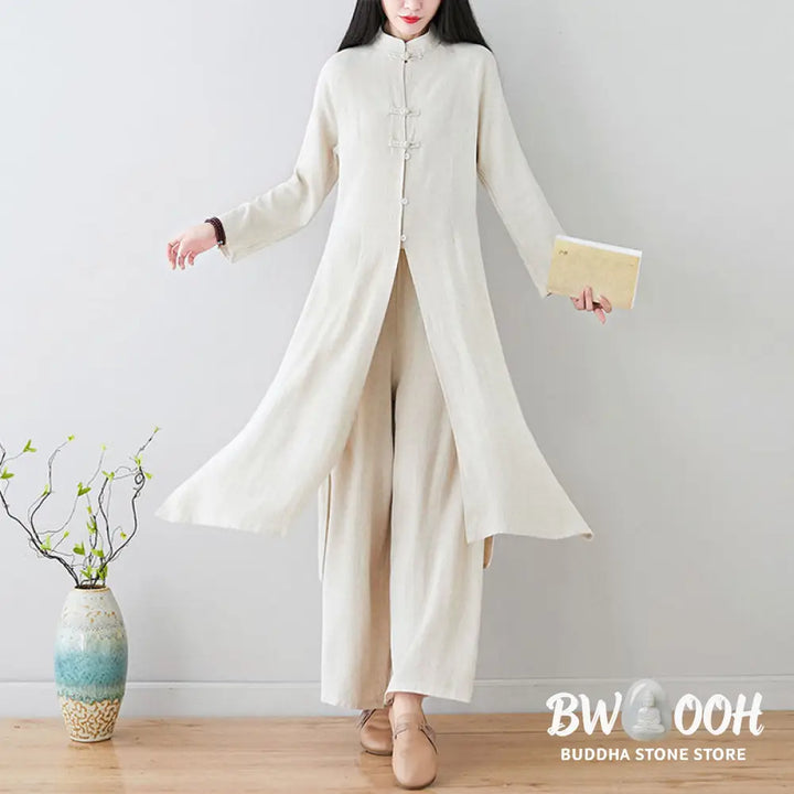 Buddha Stones 2Pcs Chinese Frog Button Design Zen Tai Chi Meditation Clothing Cotton Linen Top Pants Women’s Set