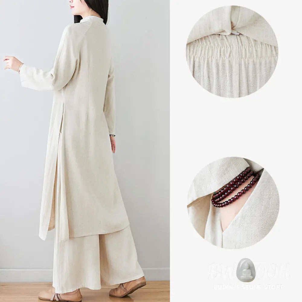 Buddha Stones 2Pcs Chinese Frog Button Design Zen Tai Chi Meditation Clothing Cotton Linen Top Pants Women’s Set