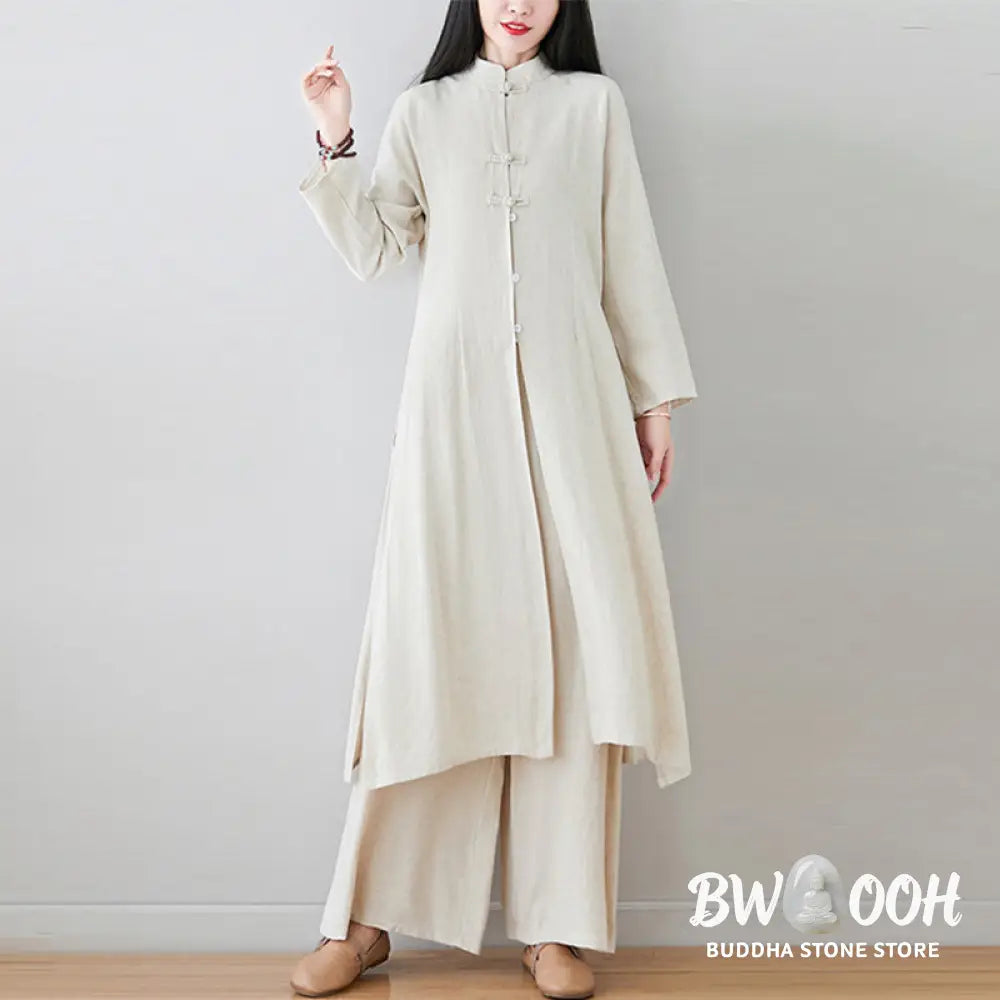 Buddha Stones 2Pcs Chinese Frog Button Design Zen Tai Chi Meditation Clothing Cotton Linen Top Pants Women’s Set