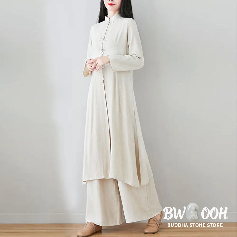 Buddha Stones 2Pcs Chinese Frog Button Design Zen Tai Chi Meditation Clothing Cotton Linen Top Pants Women’s Set