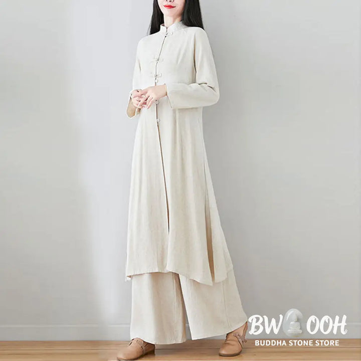 Buddha Stones 2Pcs Chinese Frog Button Design Zen Tai Chi Meditation Clothing Cotton Linen Top Pants Women’s Set