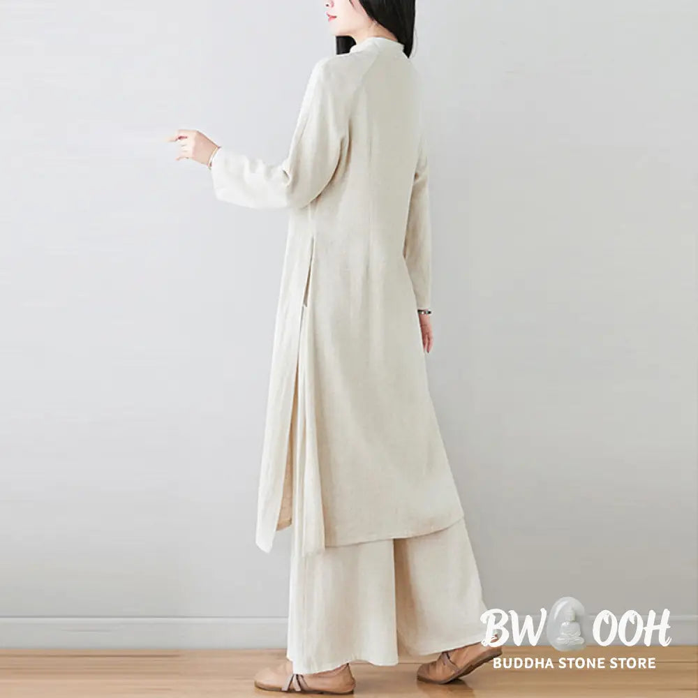 Buddha Stones 2Pcs Chinese Frog Button Design Zen Tai Chi Meditation Clothing Cotton Linen Top Pants Women’s Set