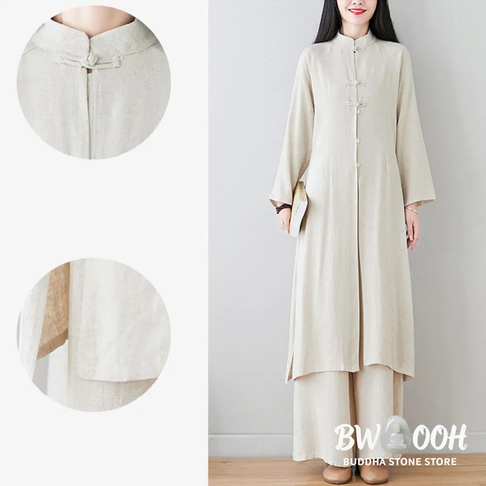 Buddha Stones 2Pcs Chinese Frog Button Design Zen Tai Chi Meditation Clothing Cotton Linen Top Pants Women’s Set