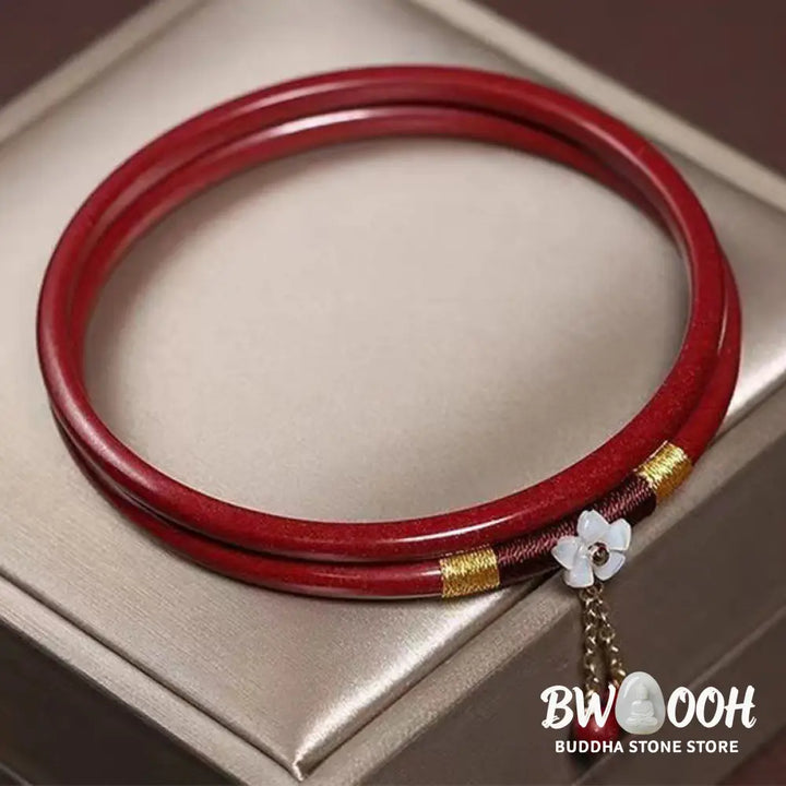 Buddha Stones 2Pcs Cinnabar Flower Blessing Bangle Charm Bracelet - BWOOOH - Cinnabar(Inner Diameter 58mm) - Bracelet