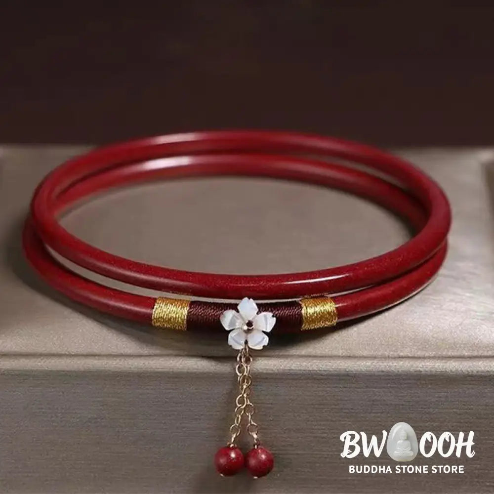 Buddha Stones 2Pcs Cinnabar Flower Blessing Bangle Charm Bracelet - BWOOOH - Cinnabar(Inner Diameter 58mm) - Bracelet