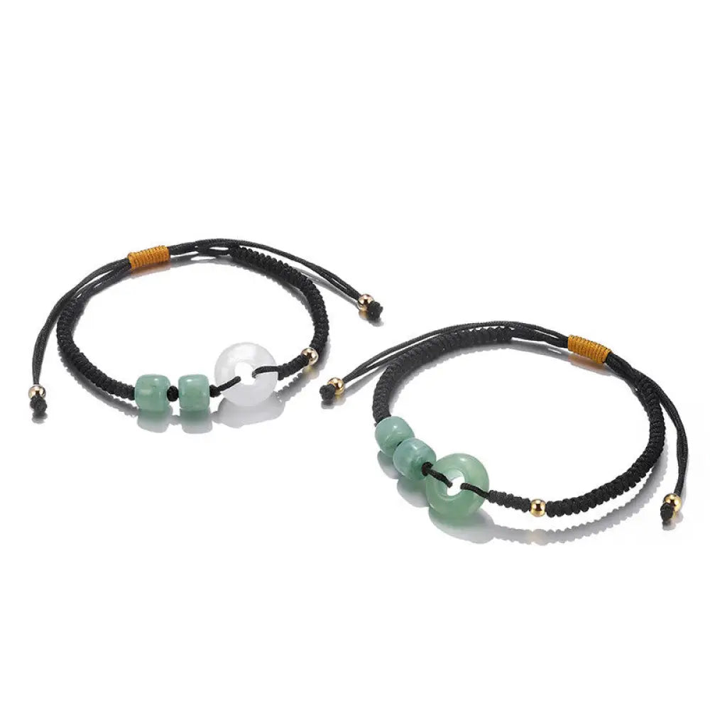 Buddha Stones 2Pcs Green Aventurine White Jade Peace Buckle Luck Braided Couple Bracelet - BWOOOH - Peace
