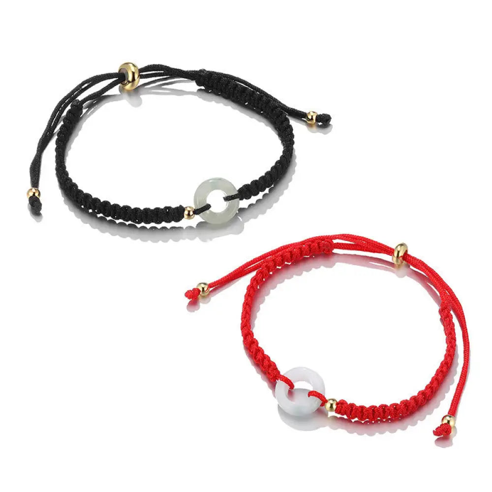 Buddha Stones 2Pcs Green Aventurine White Jade Peace Buckle Luck Braided Couple Bracelet - BWOOOH - Peace Buckle&amp;Black