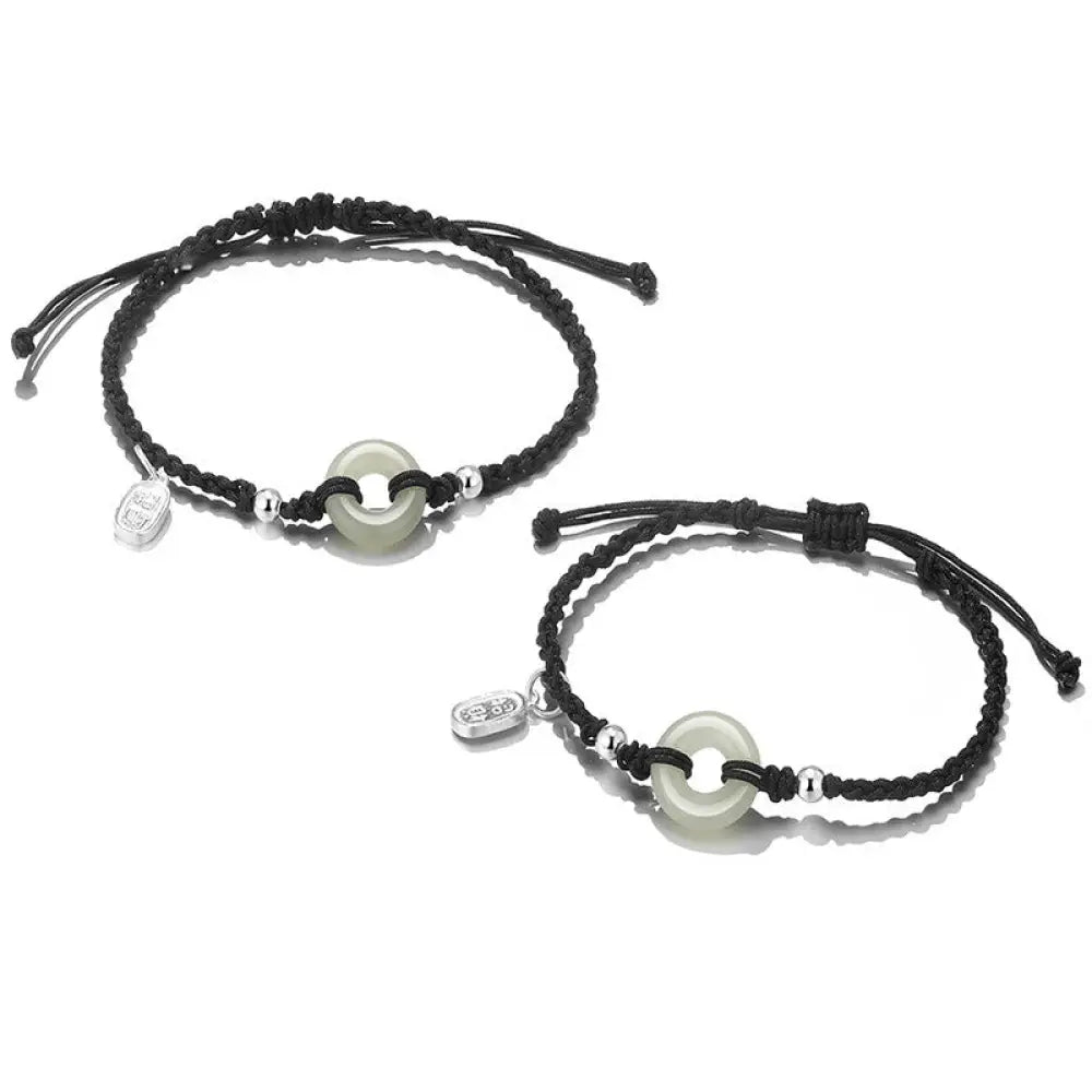 Buddha Stones 2Pcs Green Aventurine White Jade Peace Buckle Luck Braided Couple Bracelet - BWOOOH - Peace