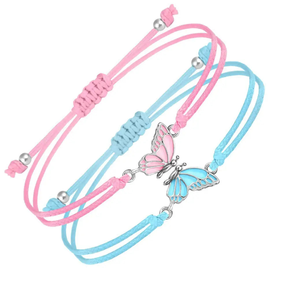 Buddha Stones 2Pcs Handmade Braided Rope Butterfly Freedom Bracelet - Pink And Blue(Wrist Circumference 14-27cm)