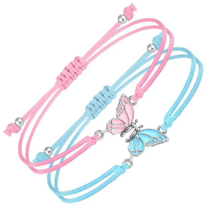 Buddha Stones 2Pcs Handmade Braided Rope Butterfly Freedom Bracelet - Pink And Blue(Wrist Circumference 14-27cm)