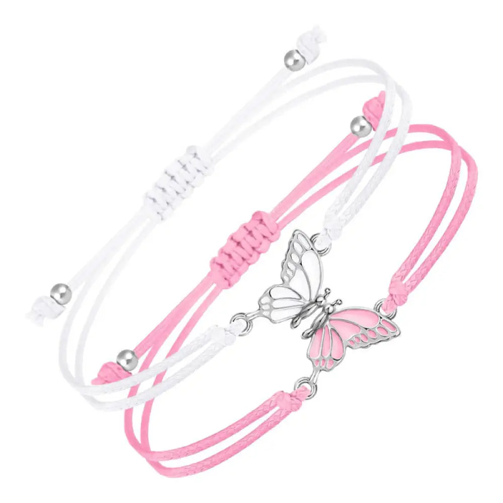 Buddha Stones 2Pcs Handmade Braided Rope Butterfly Freedom Bracelet - White And Pink(Wrist Circumference 14-27cm)